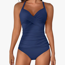 B2prity Women's Ruched Tankini Swimsuits V Neck Wrap Tie Back Two Pieces Bathing Suit Tummy Control Swimwear L
