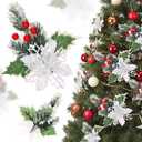 Hotop 12 Pcs Poinsettia Flowers Christmas Artificial Glitter Flower with Clips Poinsettia Christmas Decorations Artificial Flowers for Garland Wreath Tree Home Party(White,Fresh)