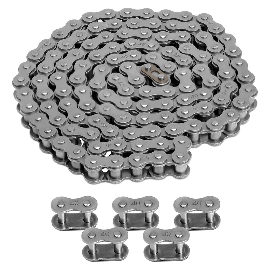 Belleone 40 Roller Chain 5 Feet with 5 Free Connecting Links, Carbon Steel Drive Chain for Mini Bike, Go-Kart, Scooter, Snow Thrower, Dirt Bike, Bicycle, ATV, MTV, and Other Machinery - 120 Links
