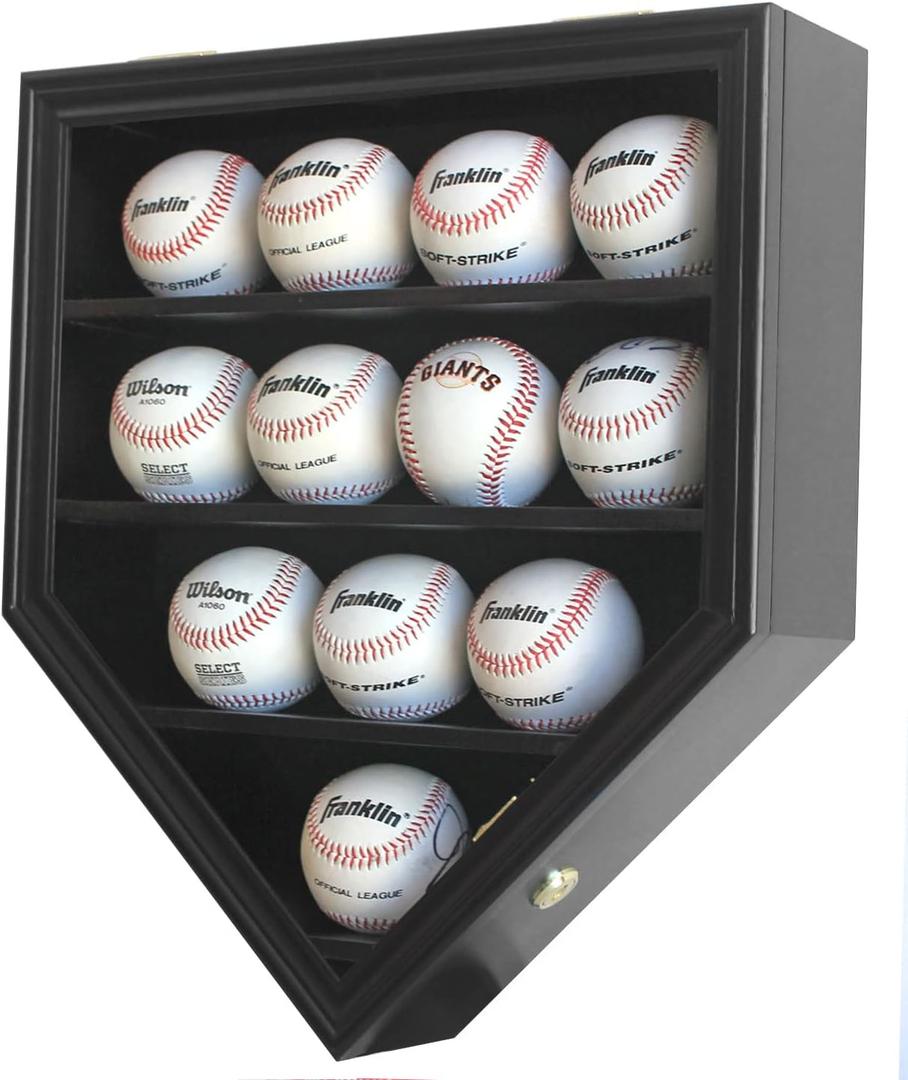 Baseball Display Case | Baseball Holders for Balls | Display Baseballs | 12 Ball Display Box | 96% Clear Antifade UV Protection | with Gold Locks for Homerun Autograph Ball | Small (Black Finish)