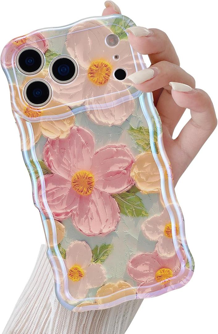 QLTYPRI Case for iPhone 17 Pro, Laser Colorful Retro Oil Painting Flower Pattern Cute Curly Wave Border Exquisite Phone Case for Girls Women, Shockproof TPU Protective Phone Cover - Green