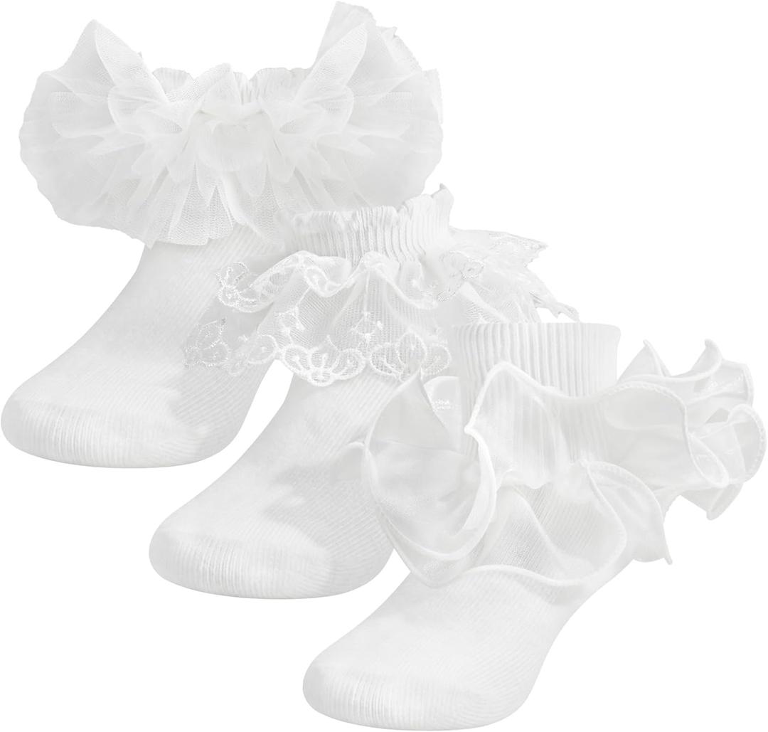 SAOROPEB Toddler Ruffle Socks, 3 Styles5 Size, Frilly Dress Socks for Girls Princess Lace Ruffles Socks Set (6-8 Years, White 3 Pairs)