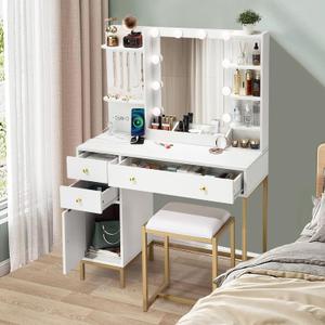MilleLoom Vanity Desk with Stool and Charging Station, White Vanity Set with Mirror & Lights, 3 Lighting Colors, Large Makeup Table for Bedroom Dressing Room