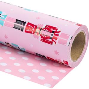 WRAPAHOLIC Reversible Christmas Wrapping Paper - Mini Roll - 17 Inch x 33 Feet - Pink Nutcracker Wrapping Paper and Polke Dot Design for Christmas, Holiday, Party Celebration