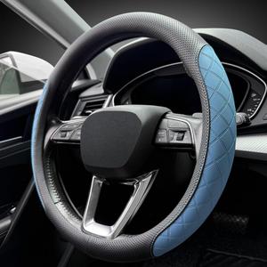 LKWLIKEI Nappa Leather Steering Wheel Cover,Elegant Diamond Checkered Design, Non-Slip wear-Resistant, Enhance Driving Comfort, Suitable for Steering Wheel Diameter 14 1/2-15 Models.Black Blue