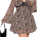 MakeMeChic Women's Plus Size Lace Leopard Print Dress Bell Sleeve Bow Front Dress Mini Party Dresses 3XL