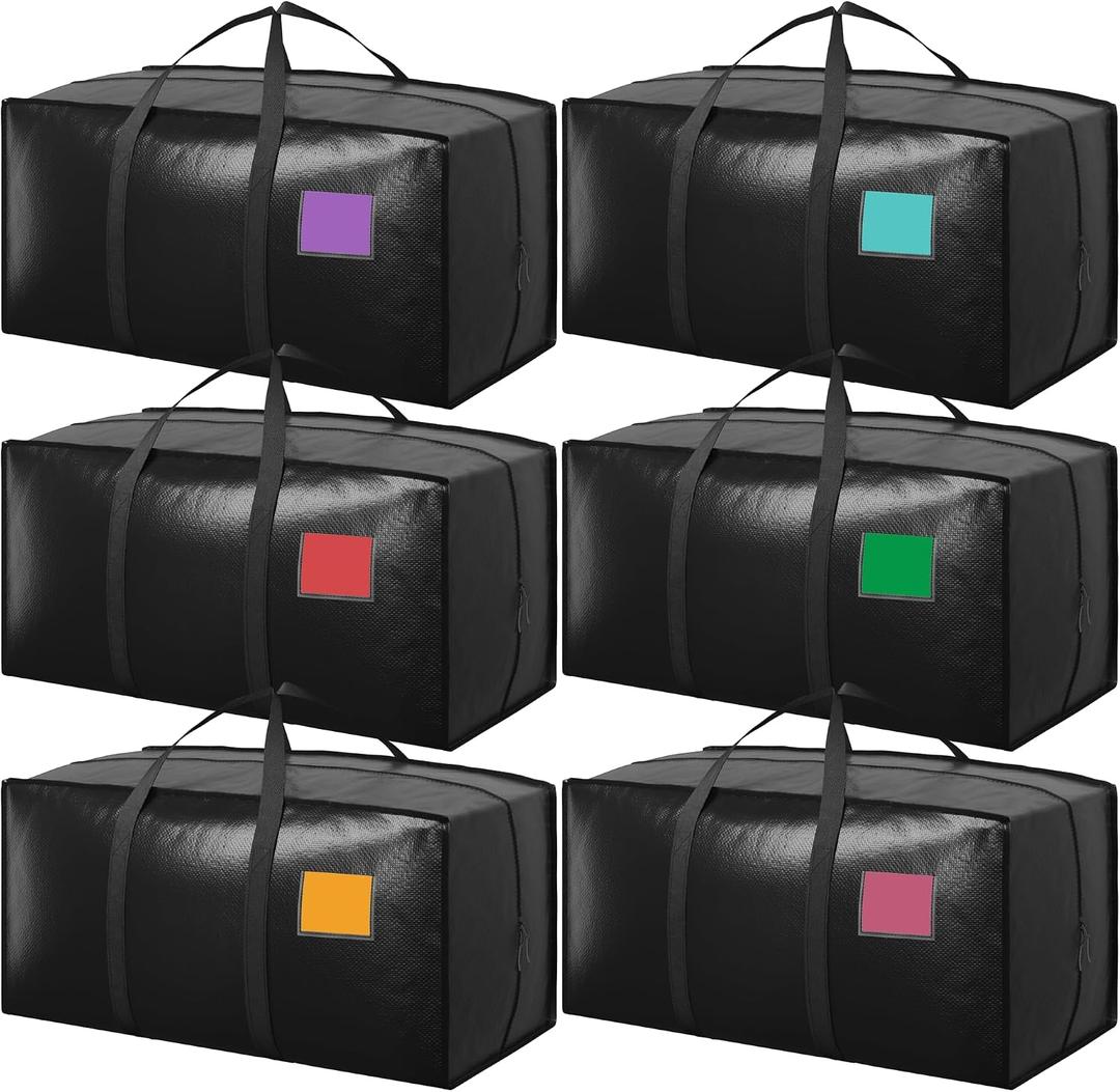 6 Pack Moving Bags with Full-Open Side Zipper, Extra Large 93L Heavy Duty Waterproof Foldable Storage Totes for College Dorm, Moving & Home Organization Black
