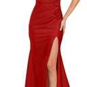 LAGSHIAN Women's Elegant V Neck Halter Backless Bodycon High Split Ruched Long Formal Evening Dress (Red, XL)