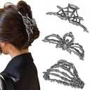 Parcce 3 Pieces Large Metal Spider Net Hand Hair Claw Clips for Women and Girls Thick Long Hair, Nonslip Skeleton Spooky Barrette Headband Hair Styling Accessories for Halloween Christmas Gifts
