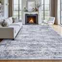 8' x 10' Area Rug, Washable Non-Slip Vintage Low-Pile Faux Wool Carpet, Soft Pet Friendly Farmhouse Rug for Living Room Bedroom Dining Room, Grey Blue