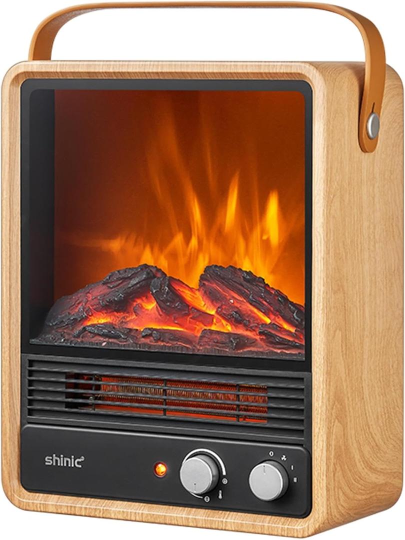 Shinic Electric Fireplace Heaters for Indoor Use, 1500W Space Heater with Crackling Sound & 3D Realistic Flame, Safety Protection, Portable Fireplace Heater for Home Office Christmas Decoration, Oak (11.8" x 5.9" 14.6")