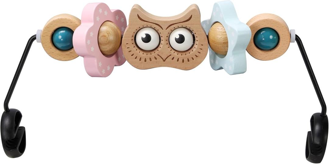 Baby Bouncer Toy Bar Wooden Compatible with Baby Bjorn Bouncer, Bouncer Toy Attachment, Tight and Secure Fit, So Fun to Watch, Touch and Spin for Babies All Ages (Wood Color Owl)