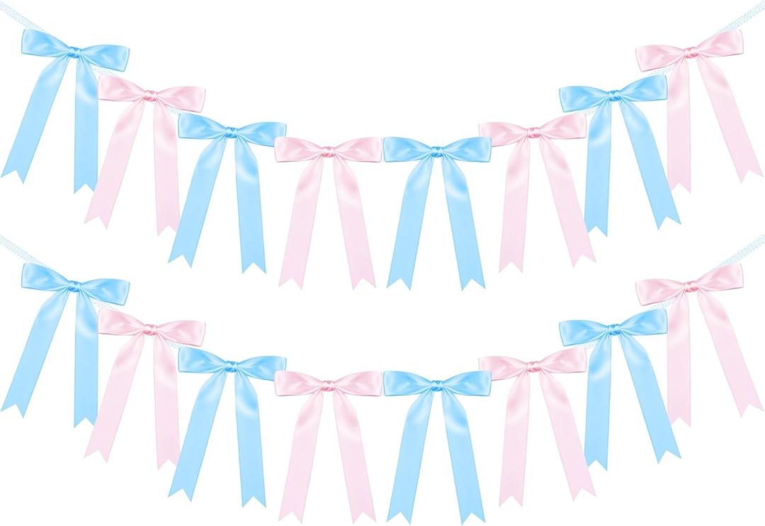 2 Pack Large Bow Garland Banner, 6.7ft Pre-Strung Satin Ribbon Decor for Wedding, Bridal & Baby Shower, Birthday, Bachelorette Party Backdrop Decorations (Pink and Blue)