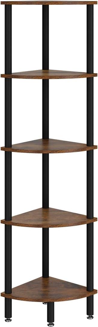 IBUYKE 5 Tier Corner Shelf Stand,Industrial Corner Display Rack,Corner Bookshelf for Living Room, Bedroom, Kitchen, Home Office, Brown WBC010H