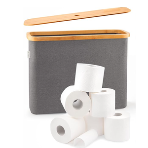 LONBET Toilet Paper Storage for 12 Rolls, Stackable & Foldable - The Ultimate Bathroom Organizer - Waterproof Basket with Bamboo Lid - Elegant Toilet Paper Storage Holder, Light Gray