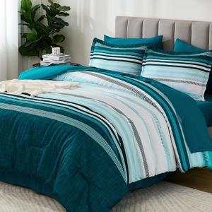 Dobuyly Teal Comforter Full Size Set 7 Pieces, Blue Boho Striped Bed in a Bag Full Size Soft Microfiber All Season Bedding Set with Comforter, Sheets, Pillowcases & Shams