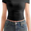 SUUKSESS Women One Off The Shoulder Summer Tank Tops Ruched Short Sleeve Shirts (X-Small, Black)