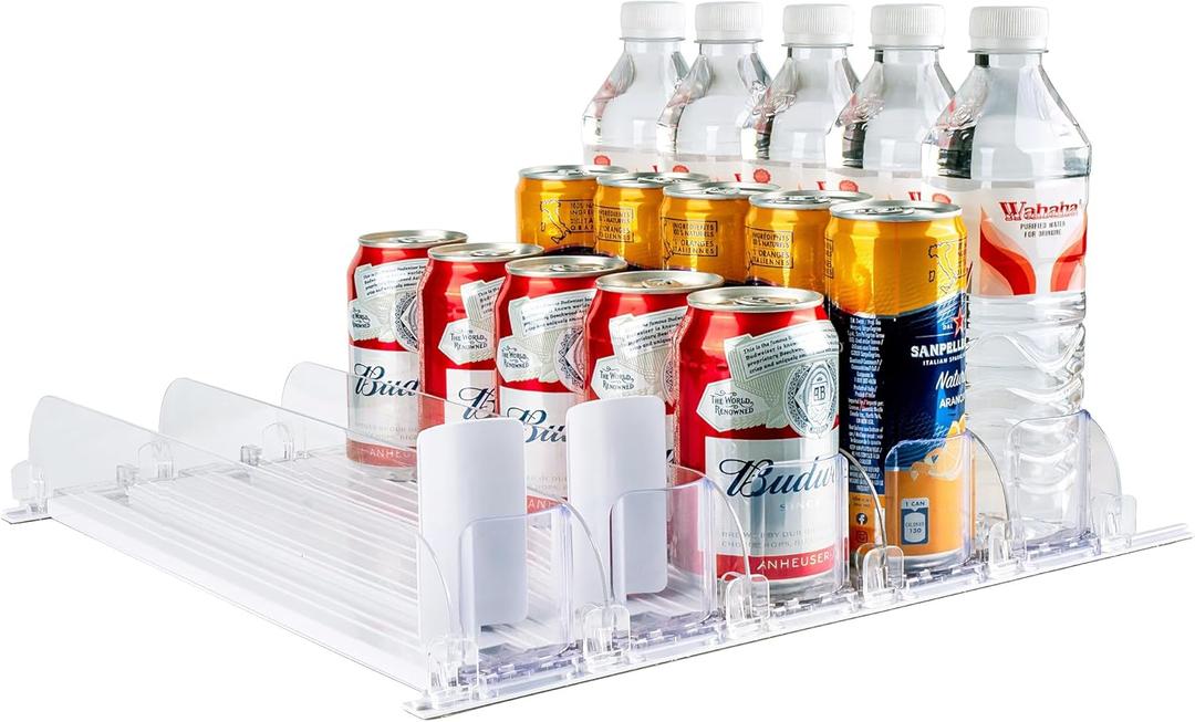 Automatic Soda Can Dispenser for Refrigerator  5-Row Drink Organizer Holds 25 Cans, Spring-Loaded Pusher, Fits 12oz/16oz/20oz Bottles, No-Tool Assembly