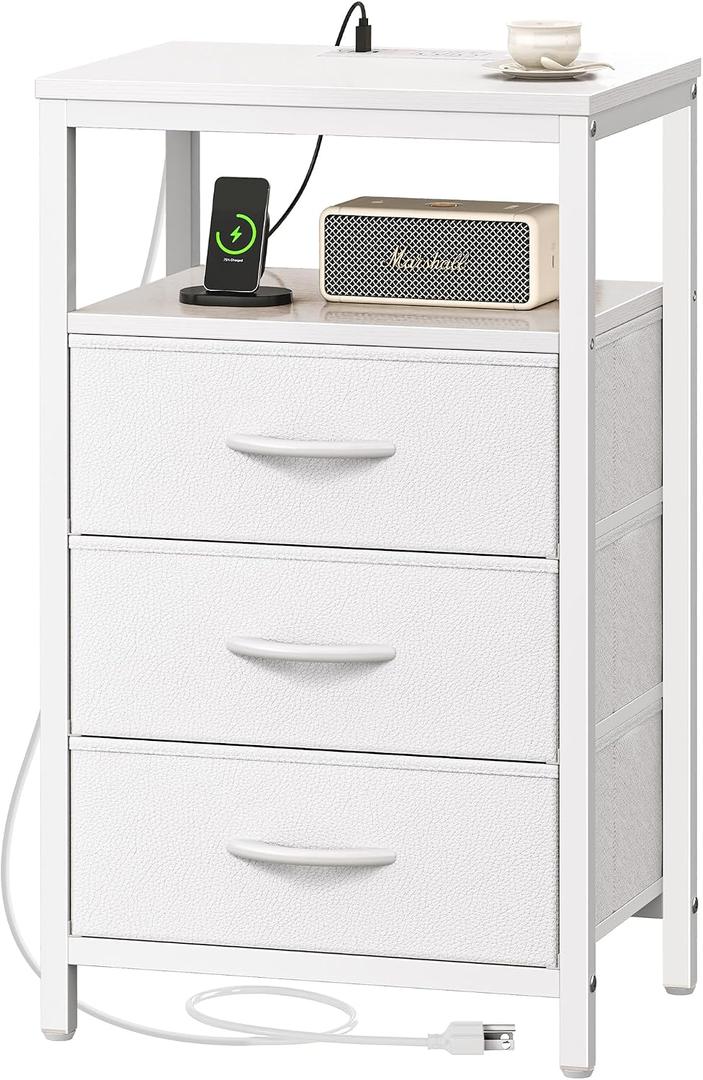 Huuger Nightstand with Charging Station, 27.6 Inch Side Table with Drawers, PU Leather Finish, End Table Bedside Table with USB Ports and Outlets, Night Stand for Bedroom, White