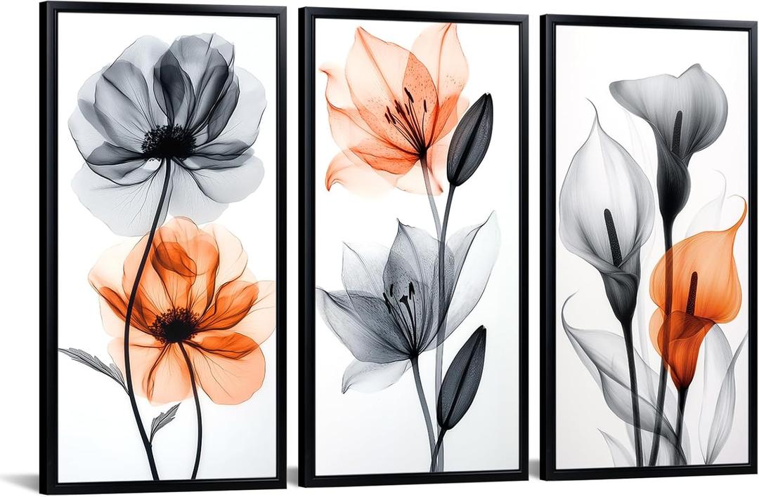 iKNOW FOTO Calla Lily Poppy Flower X-Ray Botanical Wall Art with Black Frame Set of 3 Nature Wilderness Minimalist Canvas Black and Orange Floral Prints for Bedroom Each 8x16''
