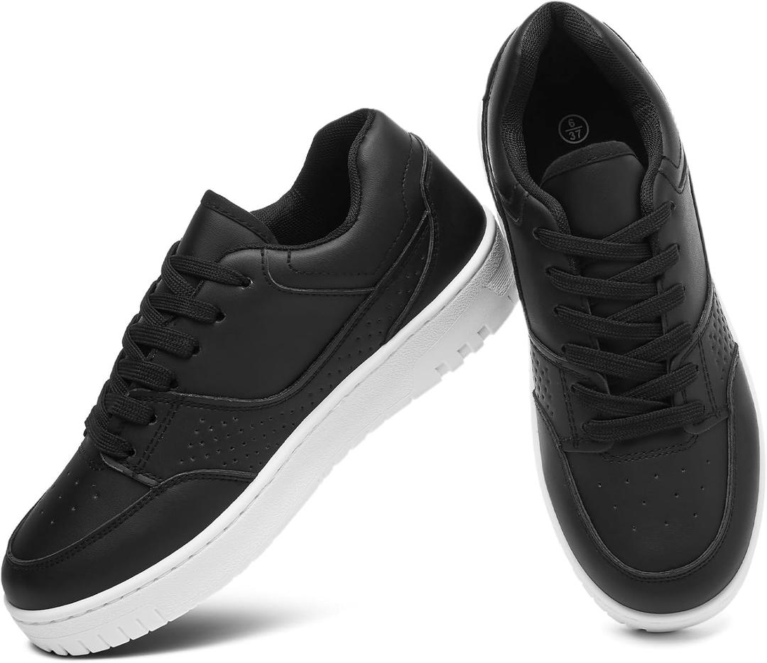 Eydram Womens Sneakers White Faux Leather Tennis Shoes with Memory Foam Insole Low Top Platform Shoes for Women Lace Up Casual Sneakers （Black US7）