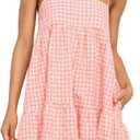 Wenrine Womens Summer Plaid Mini Dress Casual Spaghetti Strap Sleeveless A Line Beach Sundress with Pockets (Pink), Medium