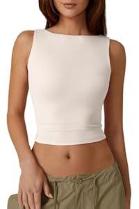 QINSEN High Neck Open Back Cropped Tops for Women Sleeveless Summer Y2K Tee Shirts White M