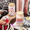 Whaline 2 Pack Groovy Halloween Drinking Glasses 16oz Spooky Ghost Pumpkin Flower Glass Cup Orange Pink Purple Iced Coffee Cup with Lid Straw for Cocktail Whiskey Beer Soda