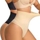 Dulchany Thong Shapewear Tummy Control Underwear for Women Seamless Body Shaper Panties, Black+beige-mid Waisted, Large