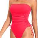 Yonique Women Strapless One Piece Swimsuit Tummy Control Bandeau Bathing Suit Cheeky Swimwear (Pink, L)