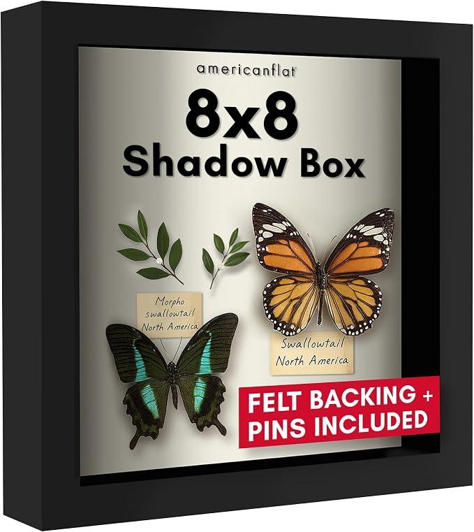 Americanflat 8x8 Shadow Box Frame with Shatter-Resistant Glass - Silhouette Collection - Small Shadow Box Display Case for Tabletop and Wall Display - Black with Soft Felt Back