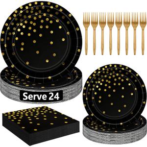 QZYL 96 Pcs Black and Gold Plates Set, Birthday Plates and Napkins Party Supplies, Disposable Black and Gold Party Decorations for 24 Guests, Birthday Tableware Wedding Decor with Plate, Napkin, Fork