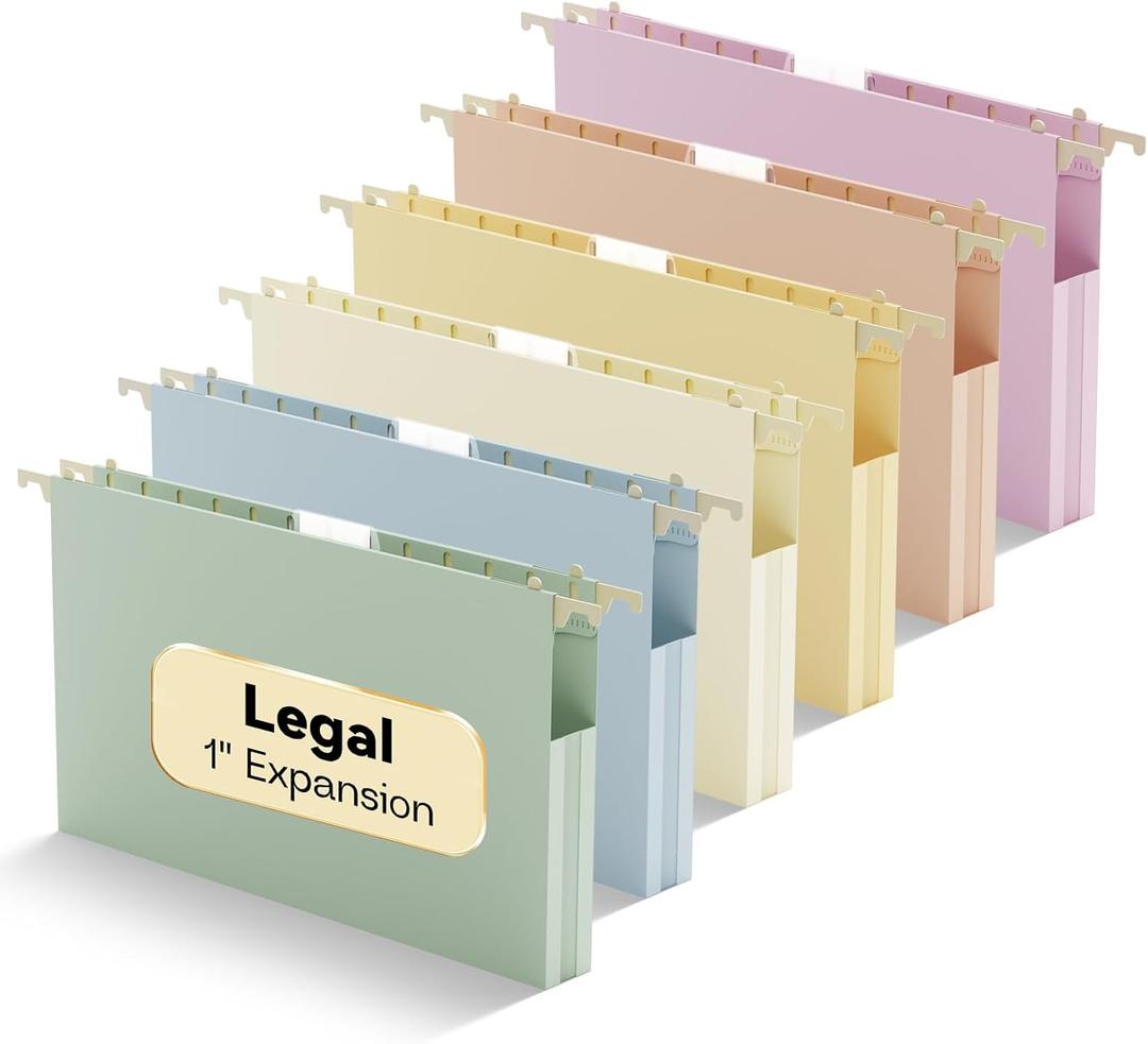 Extra Capacity Legal Size Hanging File Folders,1" Pastel Expanding Pocket,12 Pack Plastic Hanging Folder with Tabs,Filing Cabinet Folders for Your Home Office School Bulk File and Documents