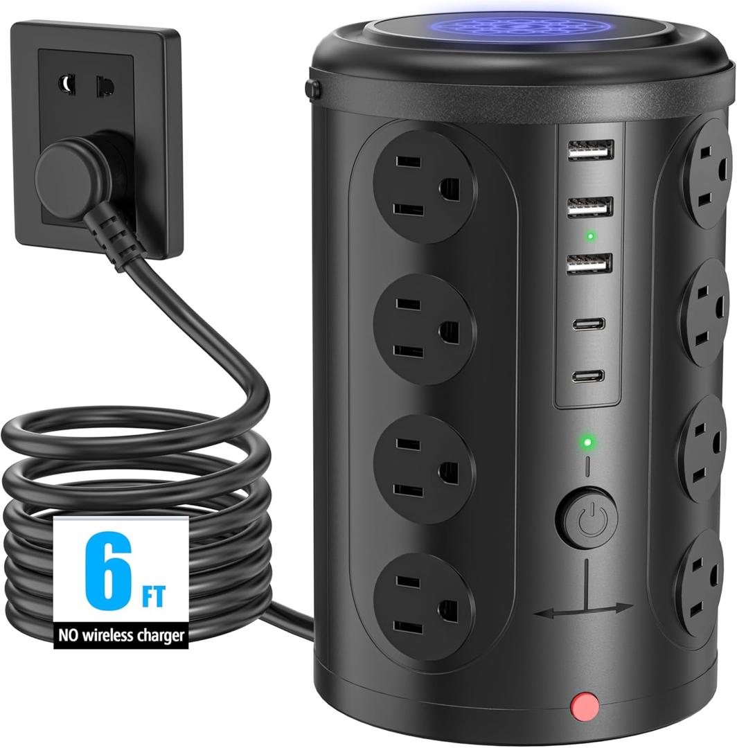 Tower Power Strip Surge Protector with 16 Outlets and 5 USB Ports (2 USB-C), 6FT Extension Cord with Multiple Outlets,Heavy Duty Charging Station,Home Office Dorm Room Essentials, No Wireless Charging