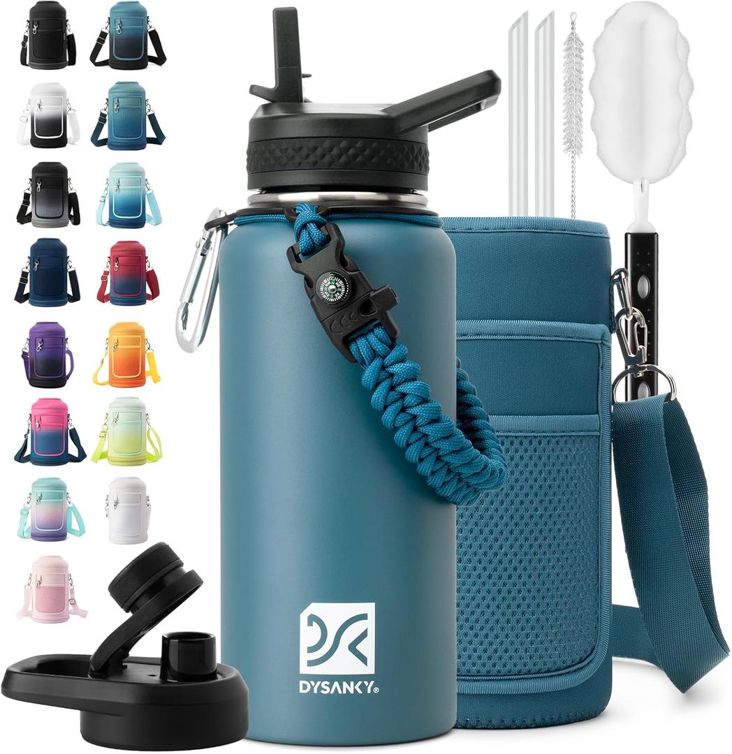 DYSANKY Insulated Water Bottle | Thickened Stainless Steel Vacuum Metal | Portable Sports Water Jug for Gym and Hiking with Straw, Carrier Bag, Handle Strap | BPA-Free 32 oz (Indigo)