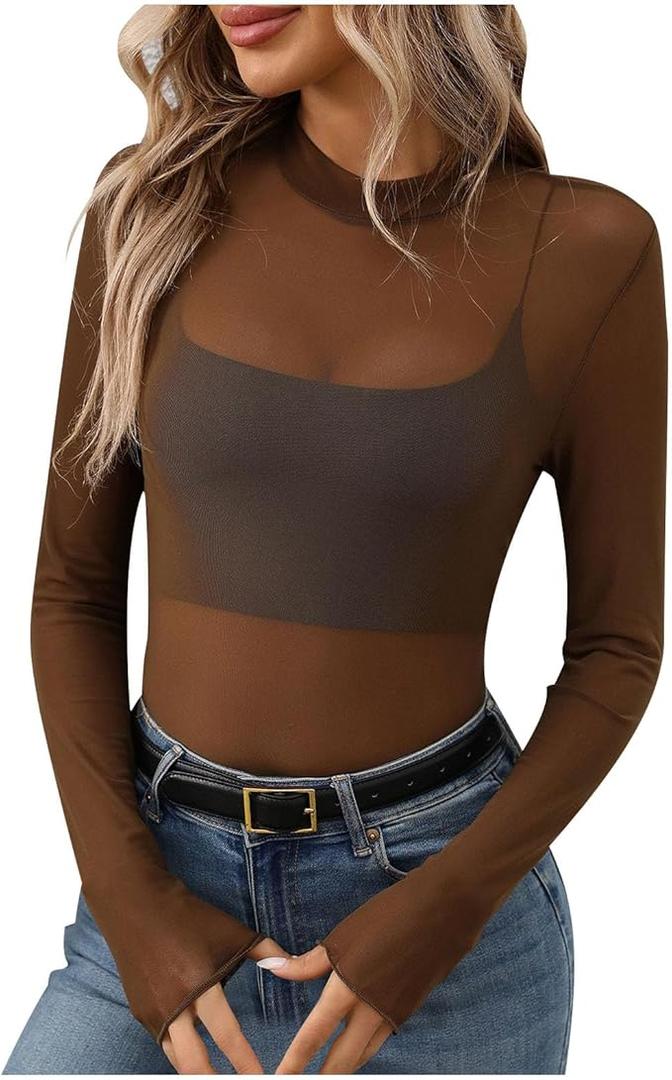 Mesh Top for Women Long Sleeve See Through Shirt Mock Neck Sheer Blouse Clubwear Party, Medium