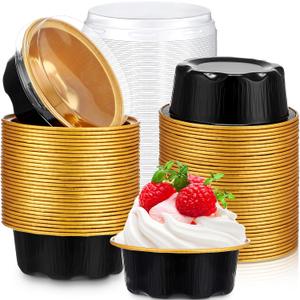 Eaasty 150 Pcs Baking Cups with Lids, 1.6 oz Muffin Cupcake Liners Aluminum Foil Mini Cake Pans Small Disposable Ramekins Flan Containers with Lids for Christmas, Birthday, Various Holiday(Black Gold)