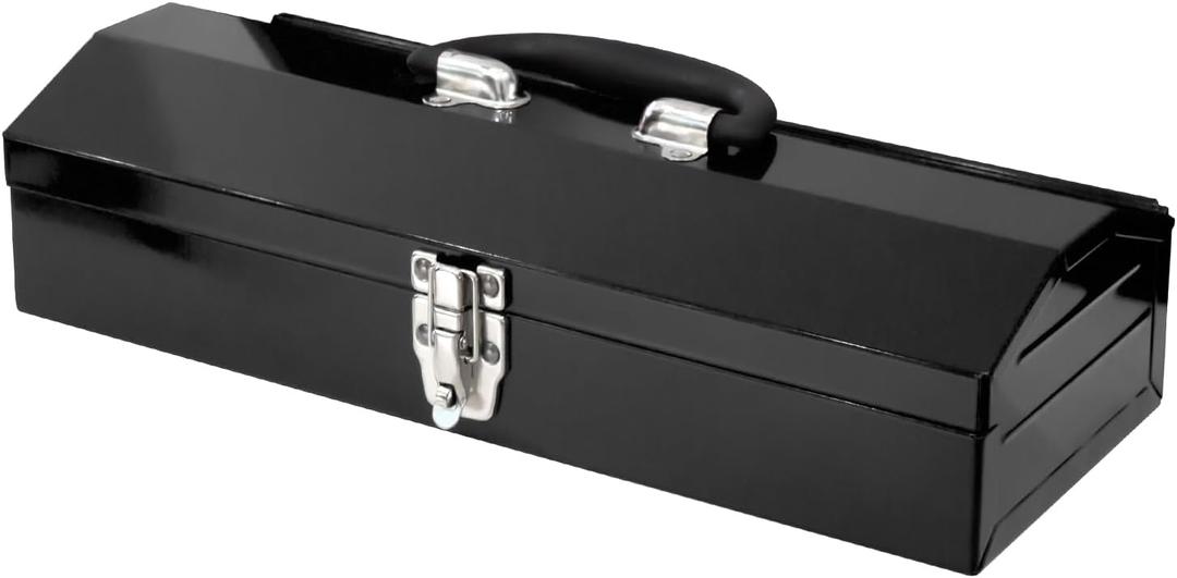 Portable Steel Tool Box with Metal Latches - 16" Portable Hip Roof Design for Car, Truck, Tractor & Home Use (Black)