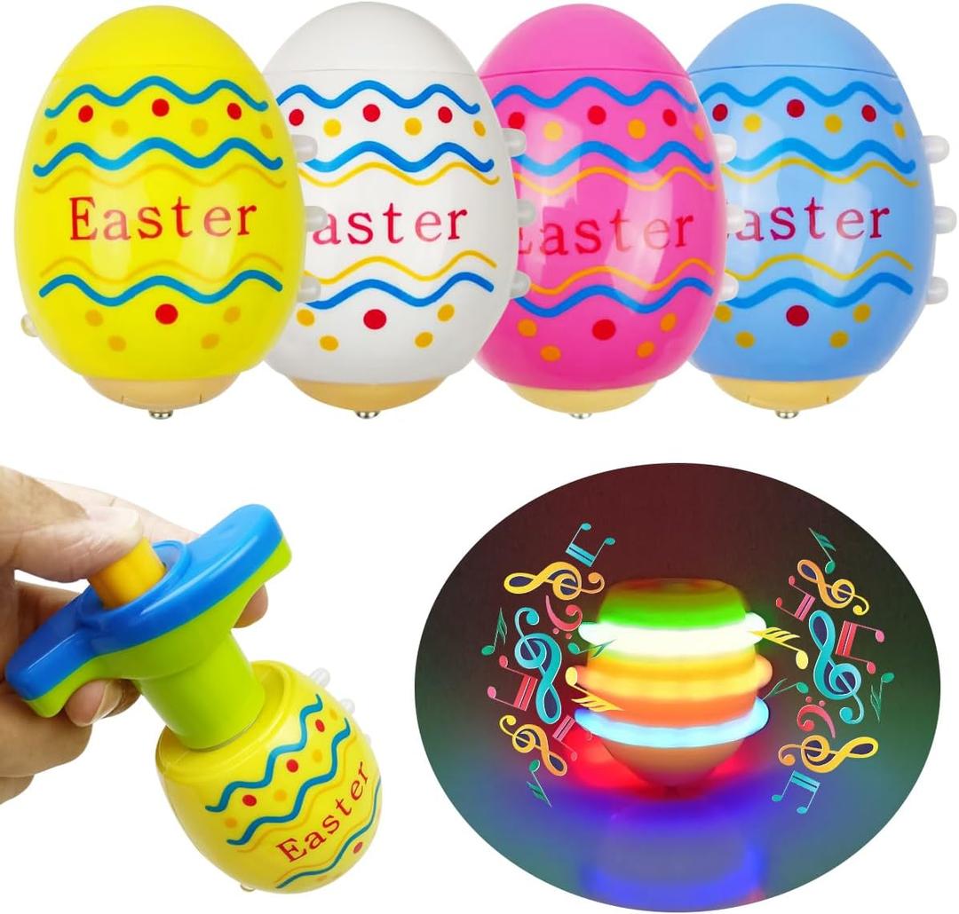 Pinkiwine 4 Pack Easter Eggs Light Up Spinning Tops with Flashing LED Lights for Kids Boys Girls Easter Basket Stuffers Toys Gifts
