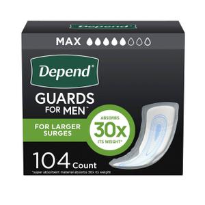Depend Guards Incontinence Pads for Men, Maximum Absorbency, 104 Count (2 Packs of 52)