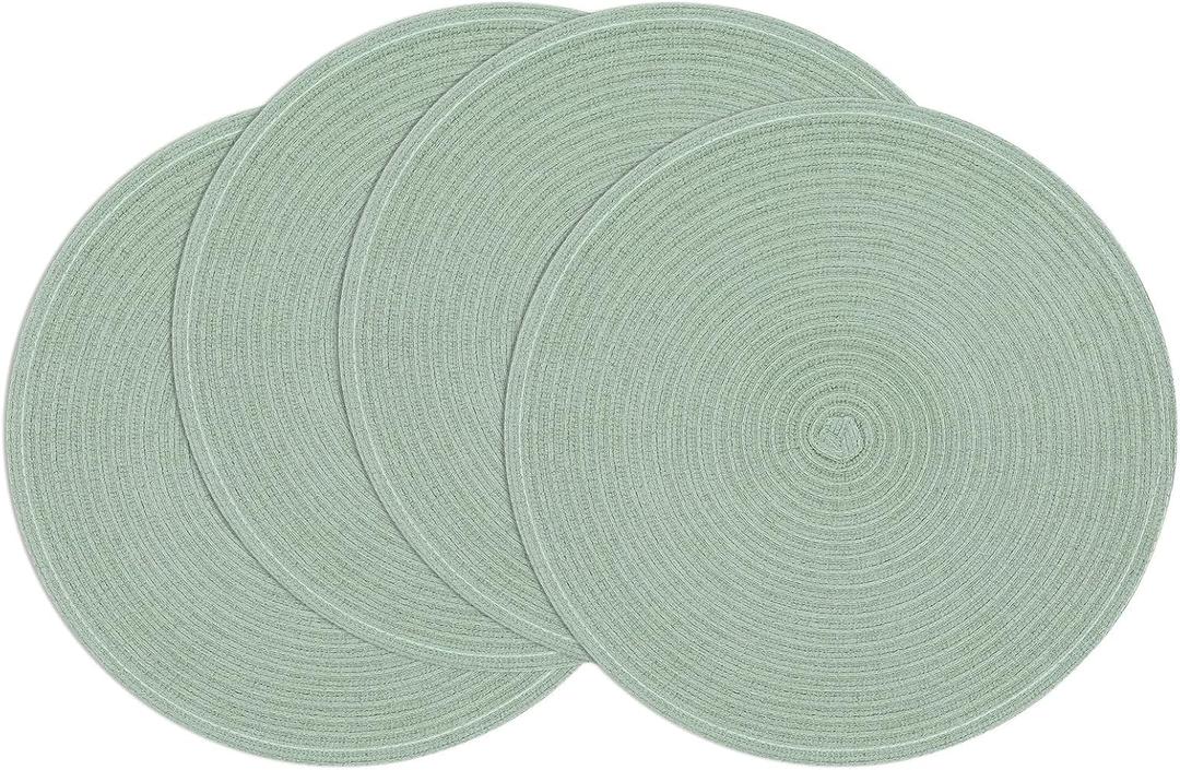 SHACOS Round Placemats Set of 4 Woven Braided Table Placemats 15 inch Cotton Polyester Place Mats Washable Table Mats Indoor Outdoor, Sage Green