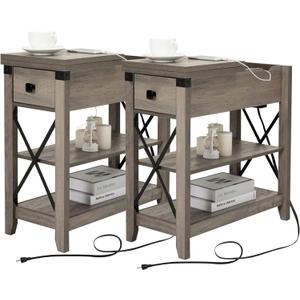 Narrow End Table with Charging Station - Farmhouse Slim Side Table Set of 2, w/USB Ports Power Outlets, Nightstand w/Flip Top Storage Drawer, for Small Spaces Living Room Bedroom, Gray (Grey)