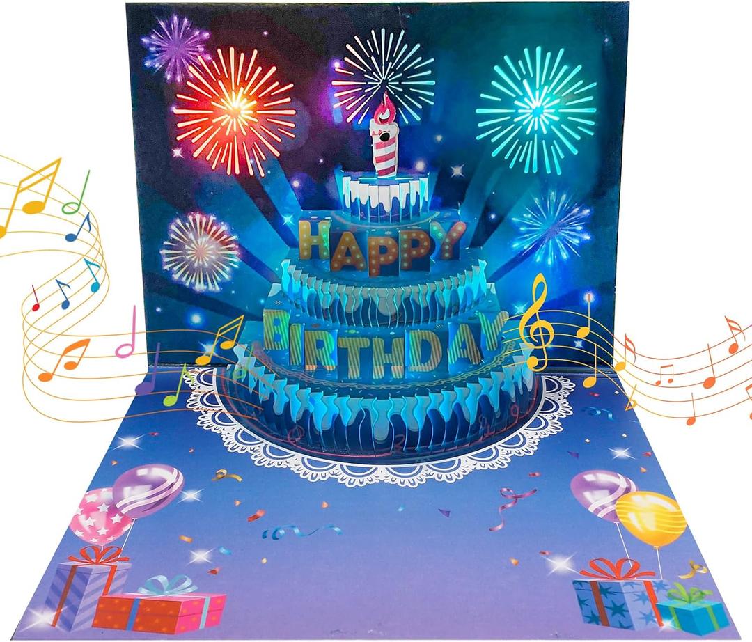Thboxes Birthday Cards, 3D Pop Up Birthday Card, Fireworks, Lights, Music and Cake Happy Birthday Card, Birthday Gift Card with Envelope and Blank Card for Women, Men, Husband, Wife, Kids, Mom, Dad