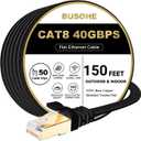 BUSOHE Cat 8 Ethernet Cable 150 FT, 40Gbps 2000MHz Cat8 High Speed Flat Internet Network Patch Cord, Shielded LAN Wire with Gold Plated RJ45 Connector for Outdoor Indoor, with Clips - 150FT Black