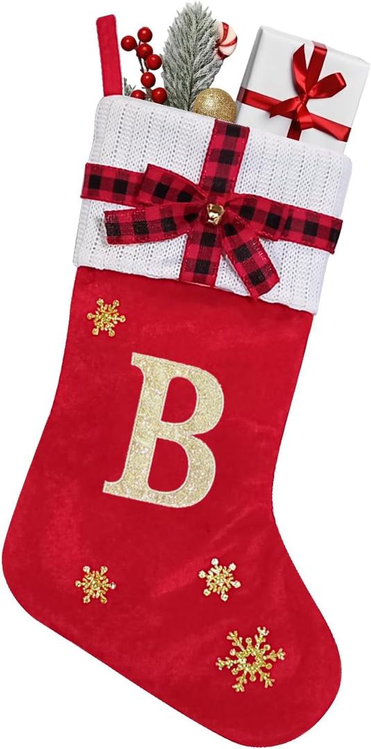 Hying Christmas Stockings Xmas Custom Monogram Stockings Large Winter Snowflake Stocking with Initials Red Velvet Gift Stockings for Home Hanging Ornaments Christmas Party Favor (Letter B)