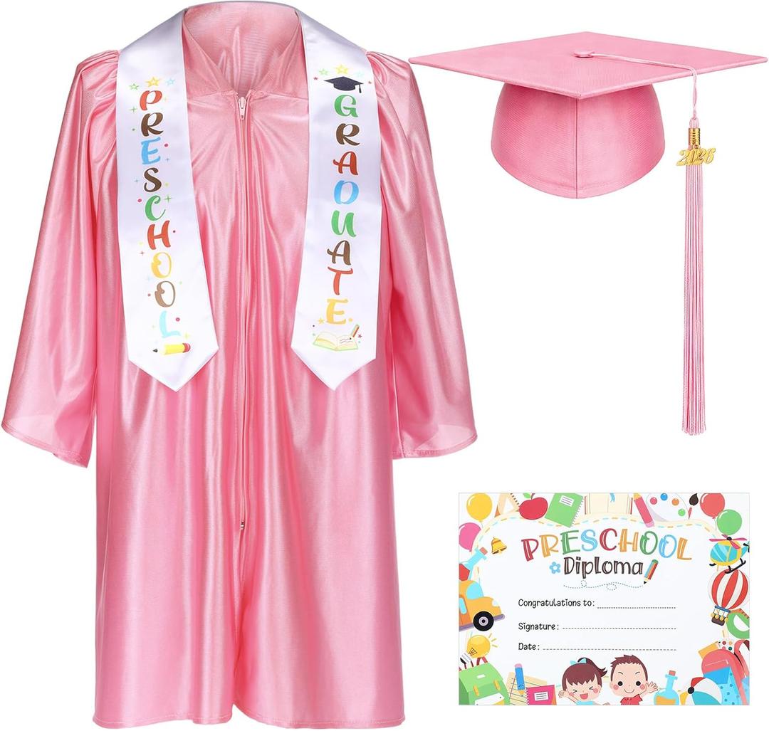Sureio 6 Pcs Kindergarten Preschool Graduation Cap and Gown 2026 Tassel Stole Certificate for Toddler Kids (Pink), L