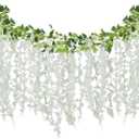ARTKAIKE Artificial Flowers Garland for Home Decor, Fake Wisteria Vine Silk Hanging Plant Flower for Room Bathroom Wall Kitchen Bedroom Garden Outdoor Wedding Decor (4, White)