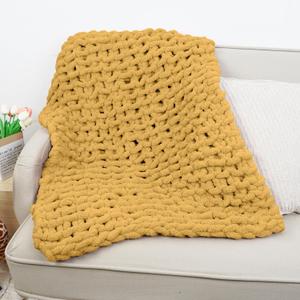 Mooreeke Chunky Knit Blanket 30"x40" Mustard Yellow Soft Washable Chenille Throw Blanket Cozy 100% Handmade Crochet Blankets with Jumbo Chenille Yarn for Couch Bed Sofa Room Decor