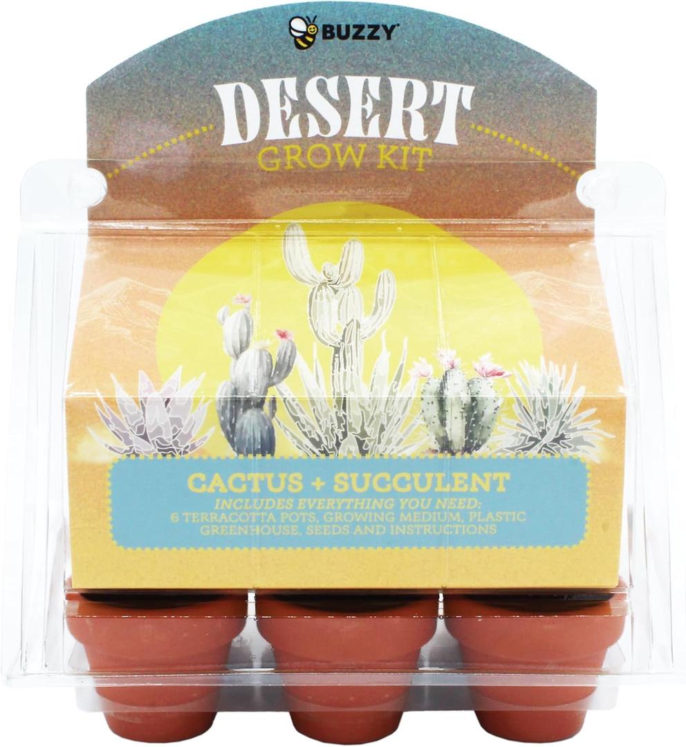 Buzzy Seeds 6 Pot Mini Greenhouse | Cactus & Succulent Starter Kit for Kids & Adults |Cactus & Succulent Mixture Seeds | Best Indoor Grow Your Own Plant Gardening Gift