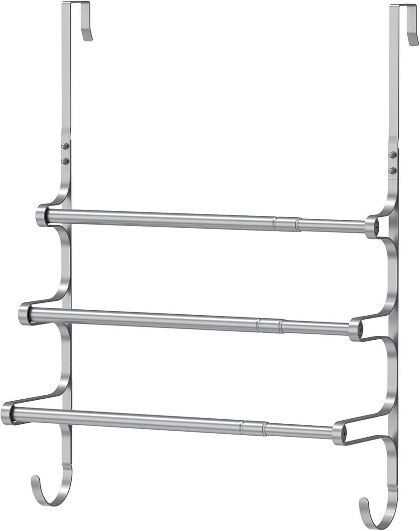 Over The Door Towel Rack, Over Door Towel Rack for Bathroom Door, Triple Towel Storage Holder with Hooks (Silver) (17.32"L)